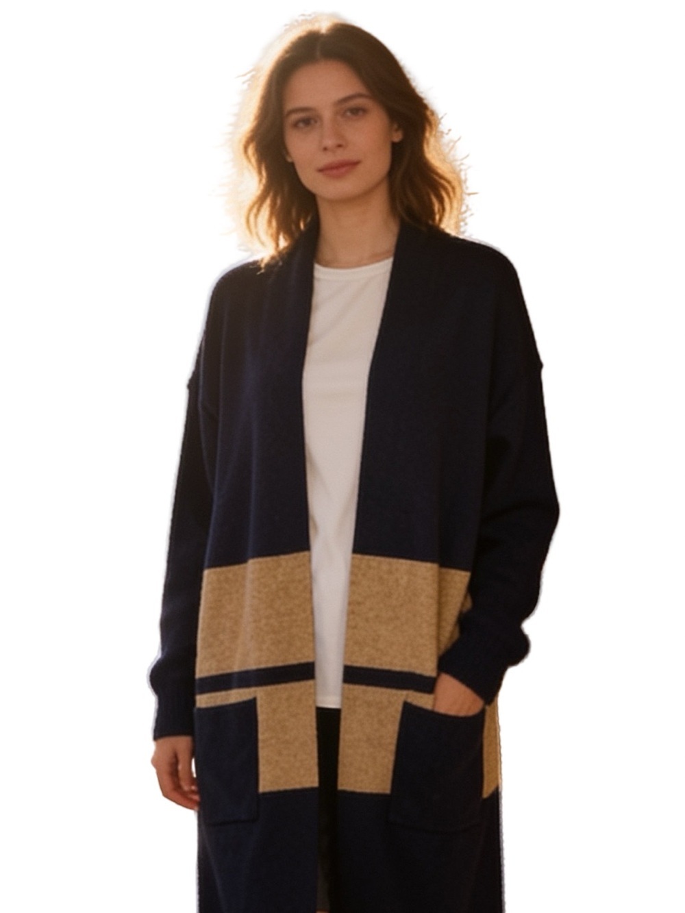 Lumiere Navy & Tan Colorblock Open Front Cardigan Sweater Size Small